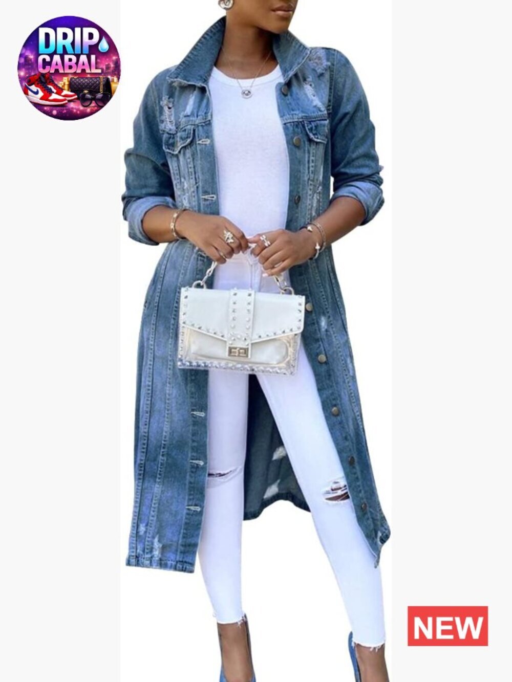 Ripped Distressed Maxi Denim Jacket Long Jean Trench Coat Outwear